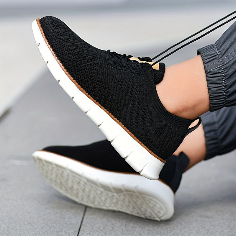 Men's Breathable Knit Business Casual Shoes - Beige with Brown Accents, Lace-Up, EVA Sole, Round Toe, Versatile for All Seasons, Dressy Shoes
