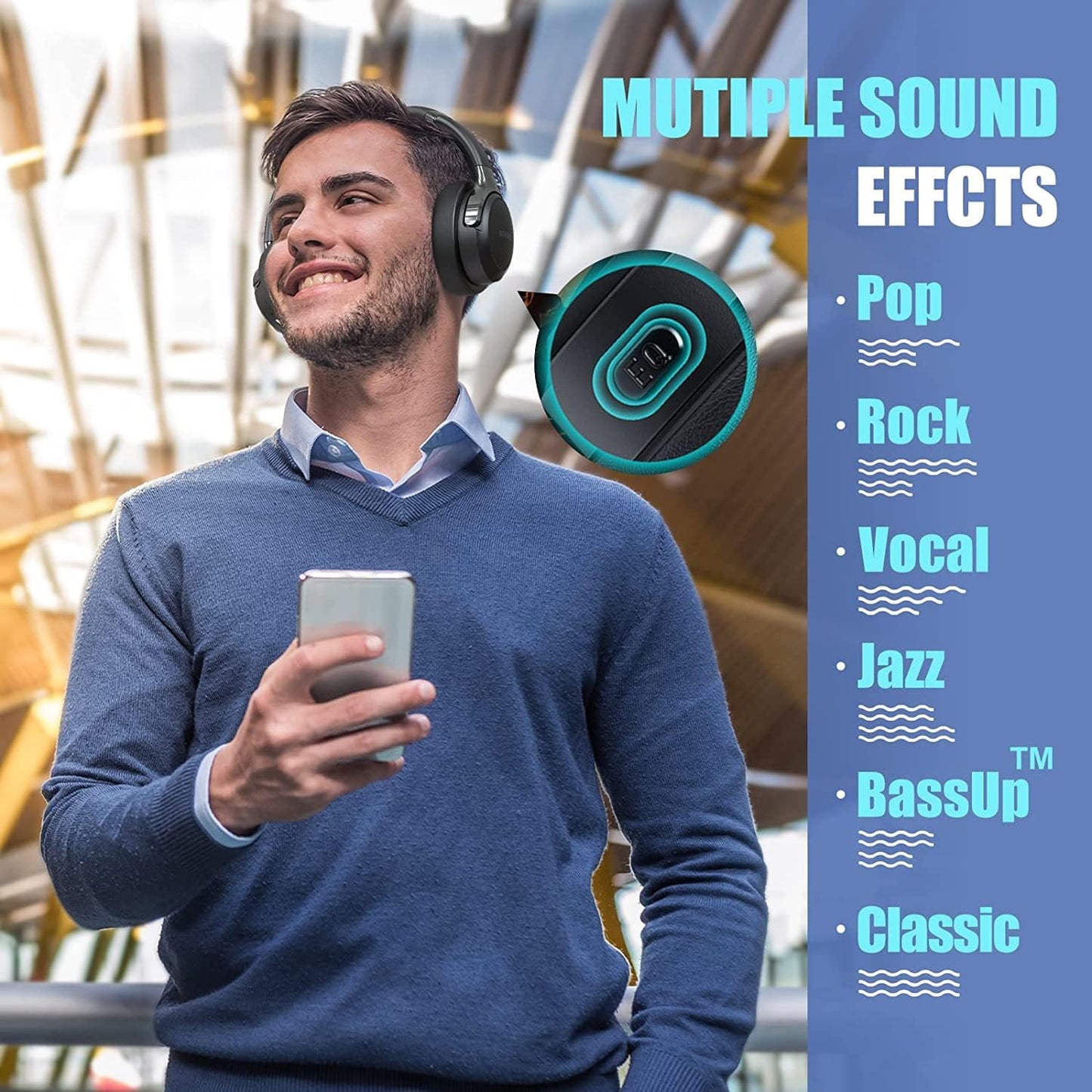 BERIBES Bluetooth Headphones over Ear, 65H Playtime and 6 EQ Music Modes Wireless Headphones with Microphone, Hifi Stereo Foldable Lightweight Headset, Deep Bass for Home Office Cellphone PC Ect.