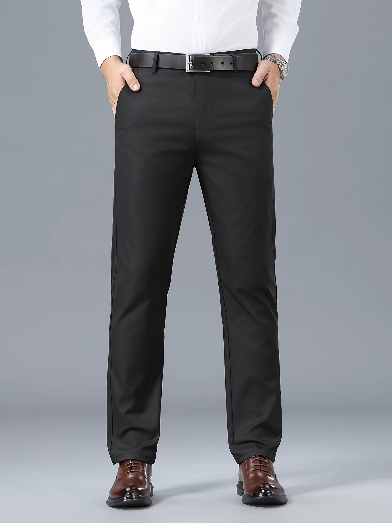 Men's Classic Business Casual Pants - Polyester, Solid Color, Regular Fit for All Seasons