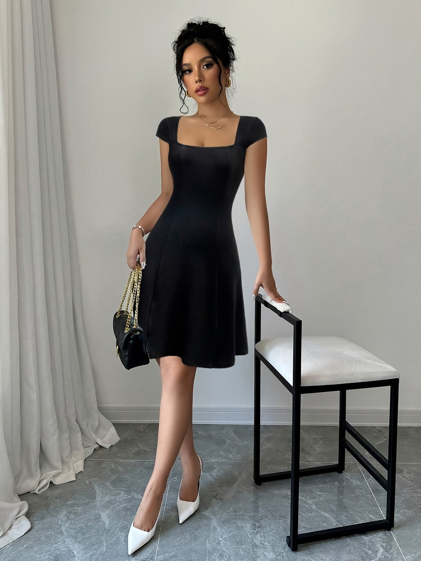 Elegant Square Neck A-Line Dress with Puff Sleeves - Stretchy, Solid Color, Chic Design for Everyday & Work Wear