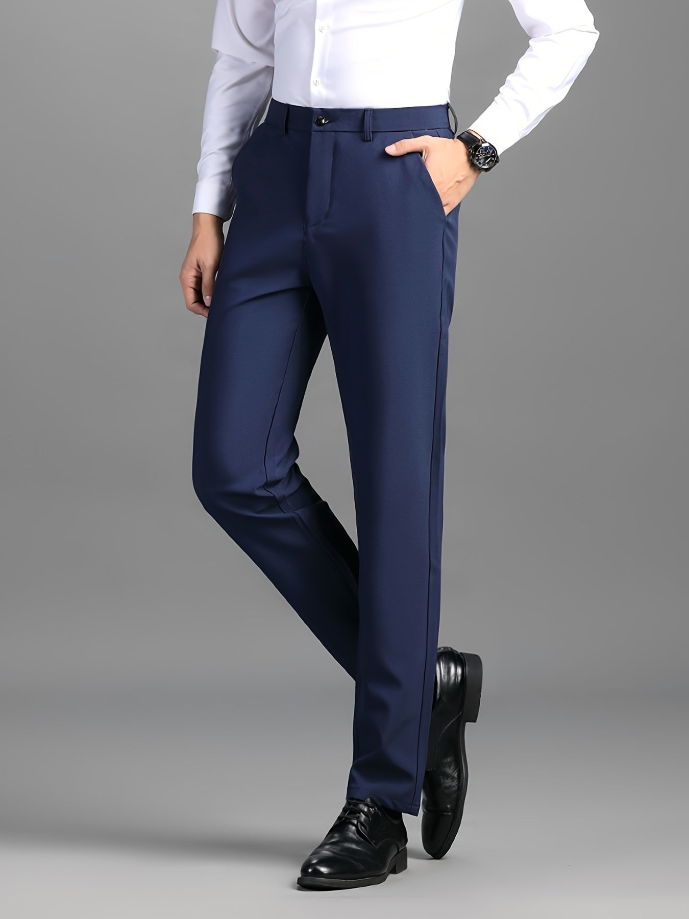 Men's Sleek Business Casual Dress Pants - Solid Black, Straight Leg, Wrinkle-Resistant Polyester Blend, All-Season Formal Trousers with Button Detail