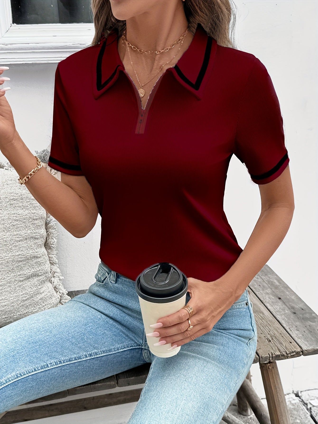 Women's Elegant Black Shirt with White Collar & Cuff Detail - Short Sleeve, Zippered, Stretchy Polyester-Spandex Blend, Machine Washable, Perfect for Casual or Professional Outfits