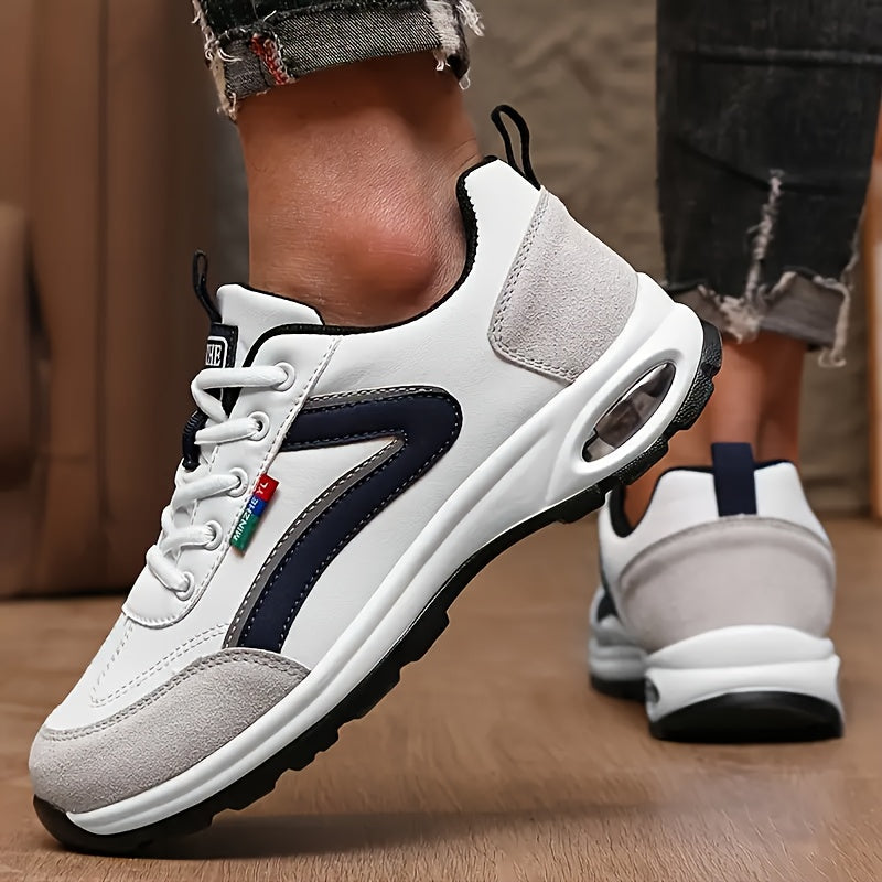 Men's Casual Athletic Sneakers - Low-Top Lace-Up Design, White & Blue Upper with Black Accents, Comfortable Fabric Inner Lining, Durable EVA Sole, PU Material, Perfect for Casual Attire, Casual Sneakers | Lowtop Sneakers | Br
