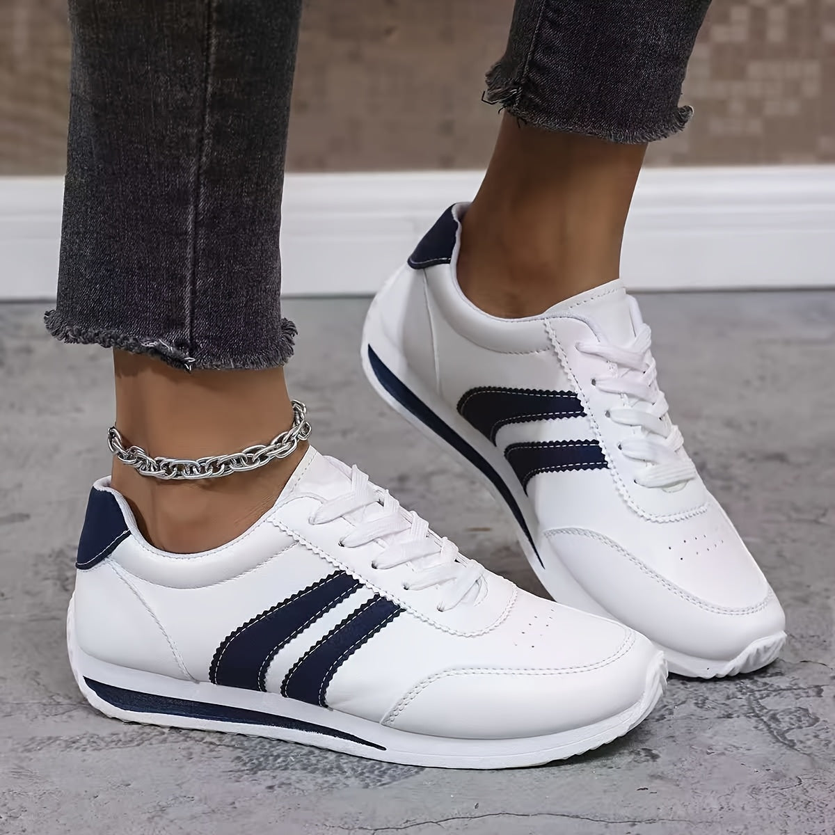Women's Lightweight Fashion Sneakers - Comfortable, Non-Slip, Lace-Up Casual Sneakers with Cushioned Insole, White & Blue Striped Design, Low-Top EVA Sole for All-Day Wear, Casual Sneakers | Lowtop Sneakers | Laceup Closure