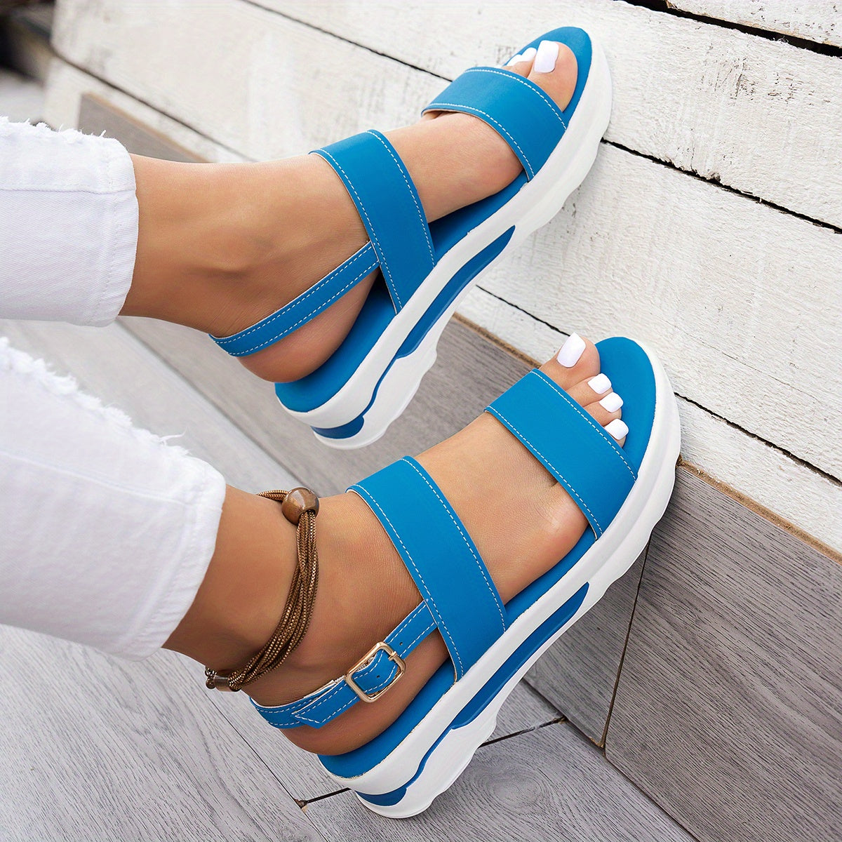 Women's Summer Plain Color Wedge Sandals, Casual Open-Toe Simple Thick Sole Beach Shoes with Comfortable Ankle Strap Wedges