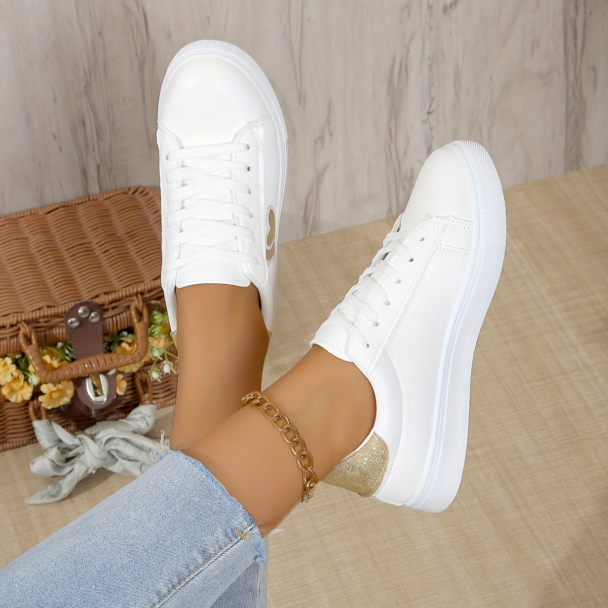 Կանացի Preppy Style Heart Pattern սպորտային կոշիկներ, բոլոր սեզոնային թեթև ժանյակավոր կոշիկներ, ներսը շնչող գործվածքից, EVA ներբան, գարուն/ամառ/աշուն պատահական վազքի մարզիչներ