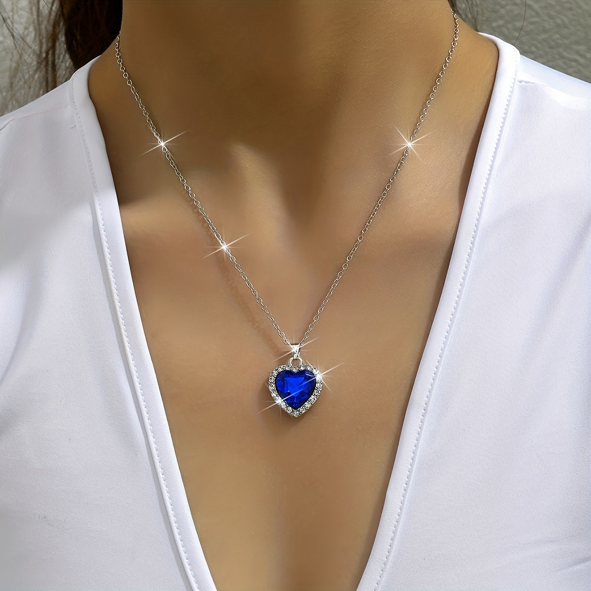 Birthstones Կախազարդ Վզնոց Սրտաձև Սինթետիկ Կապույտ Քարեր Ամբողջ Փայլուն Ցիրկոնիայից Կախազարդով Կանացի պարանոցի փայլուն շղթայով