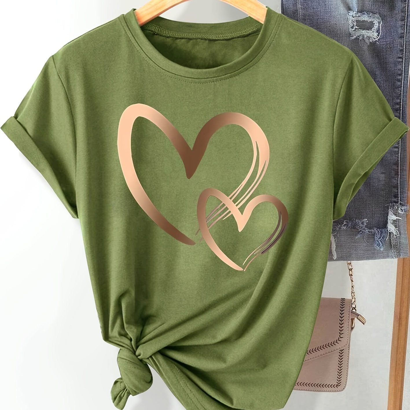 Chic Love Series Gradient Double Heart Graphic Tee for Women - Casual Retro Style, Round Neck Short Sleeve, Breathable Polyester, Machine Washable, in Black with Golden & White Hearts, Sizes S-XXL