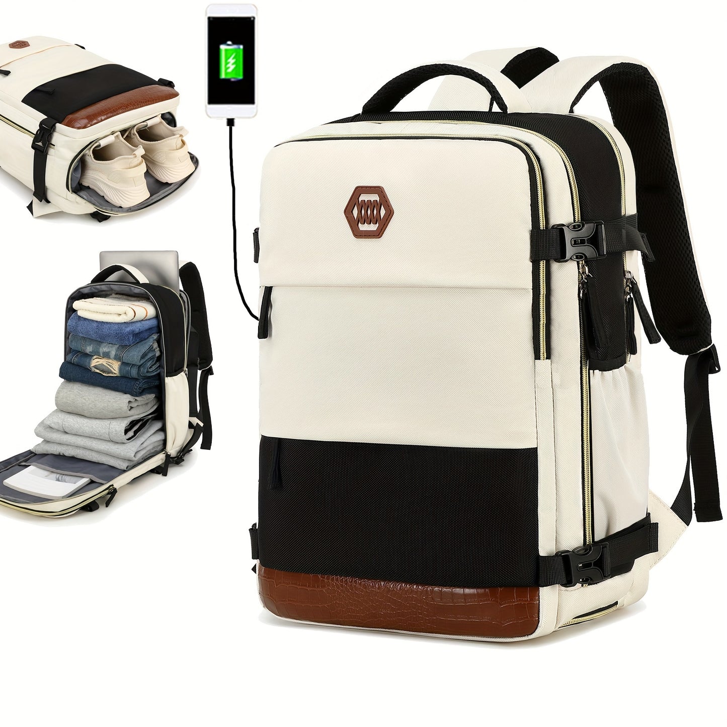 Airline-Approved 38.1cm Laptop Travel Backpack for Women, Light Blue Polyester with Adjustable Straps, Shoe Compartment & USB Charging Port - Ideal for School & Work Trips, Laptop Bag