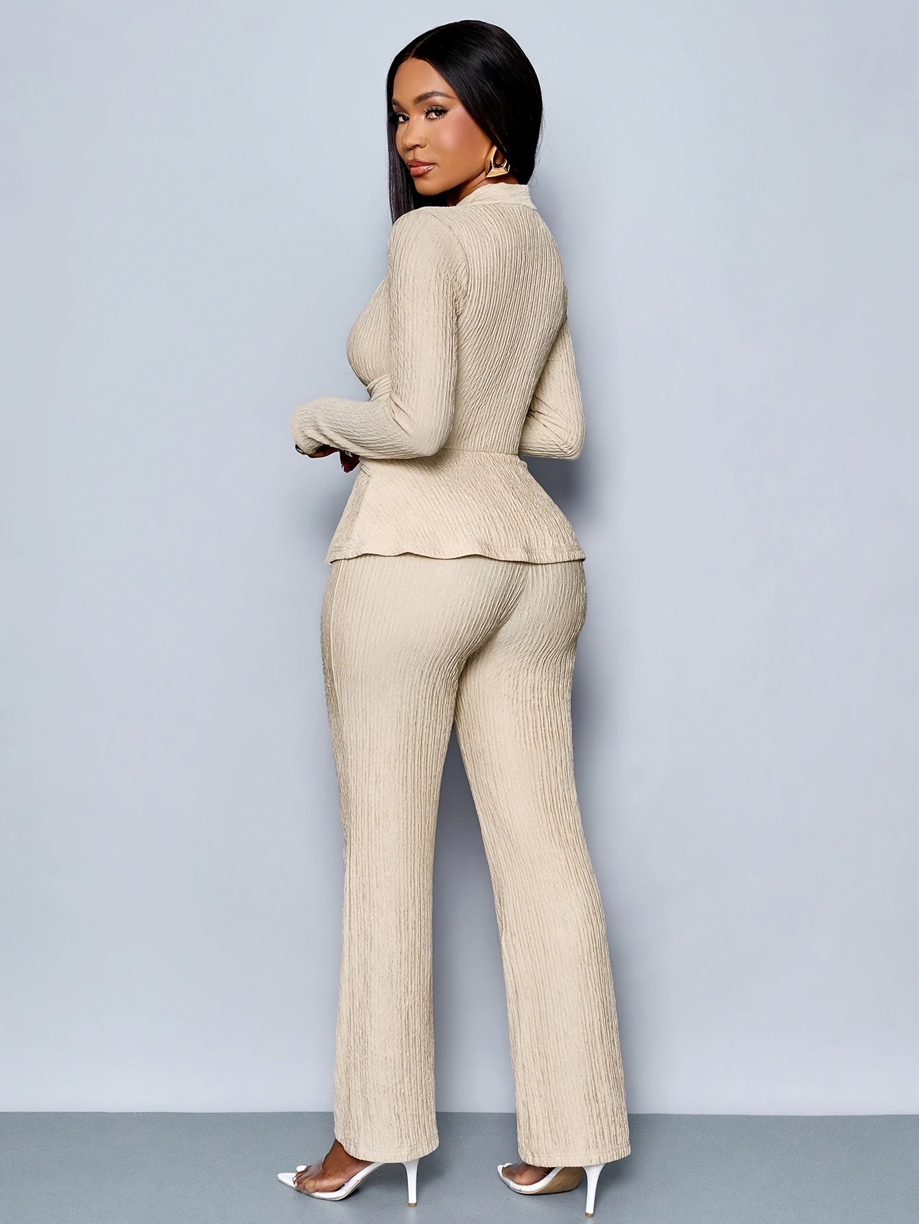 Women'S Elegant Beige Two-Piece Suit with V-Neck and Long Sleeves, Asymmetrical Hem, Wide Leg Pants, and Clutch - Perfect for Office or Casual Wear, Casual Attire|Elegant Two-Piece Set|Asymmetrical Hemline