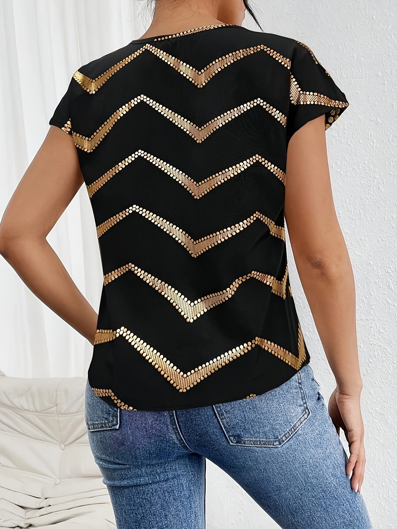 Women's Elegant Batwing T-Shirt - Black with Golden Geometric Print, Stretchy Polyester-Spandex Blend, Round Neck Casual Top for Spring Summer Fall, Machine Washable for Parties Dates Casual Attire
