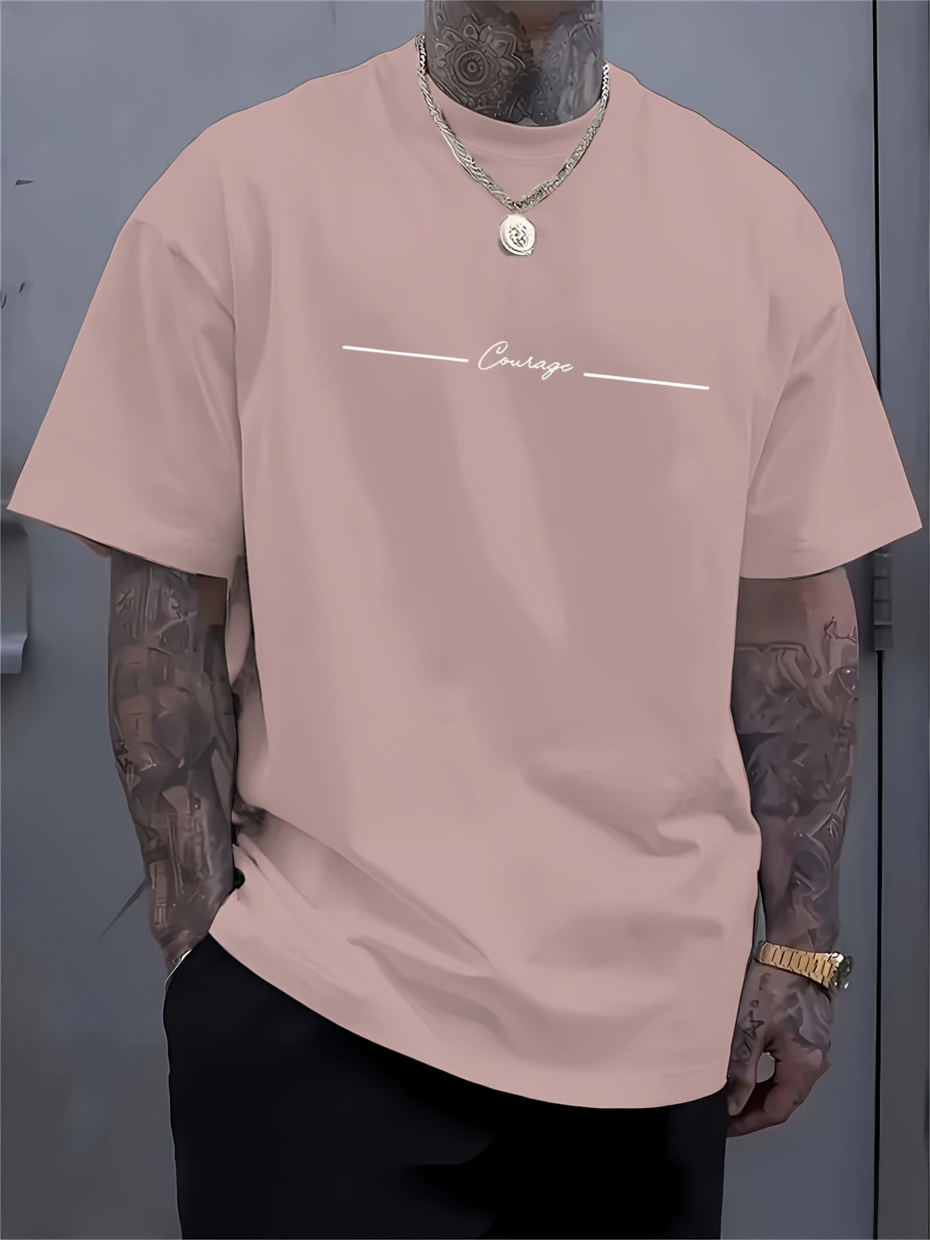 Men'S Casual Crew Neck T-Shirt with Trendy English Print, 95% Polyester 5% Elastane, Slight Stretch Knit Fabric, Regular Fit, Summer Wear - MBDMBD