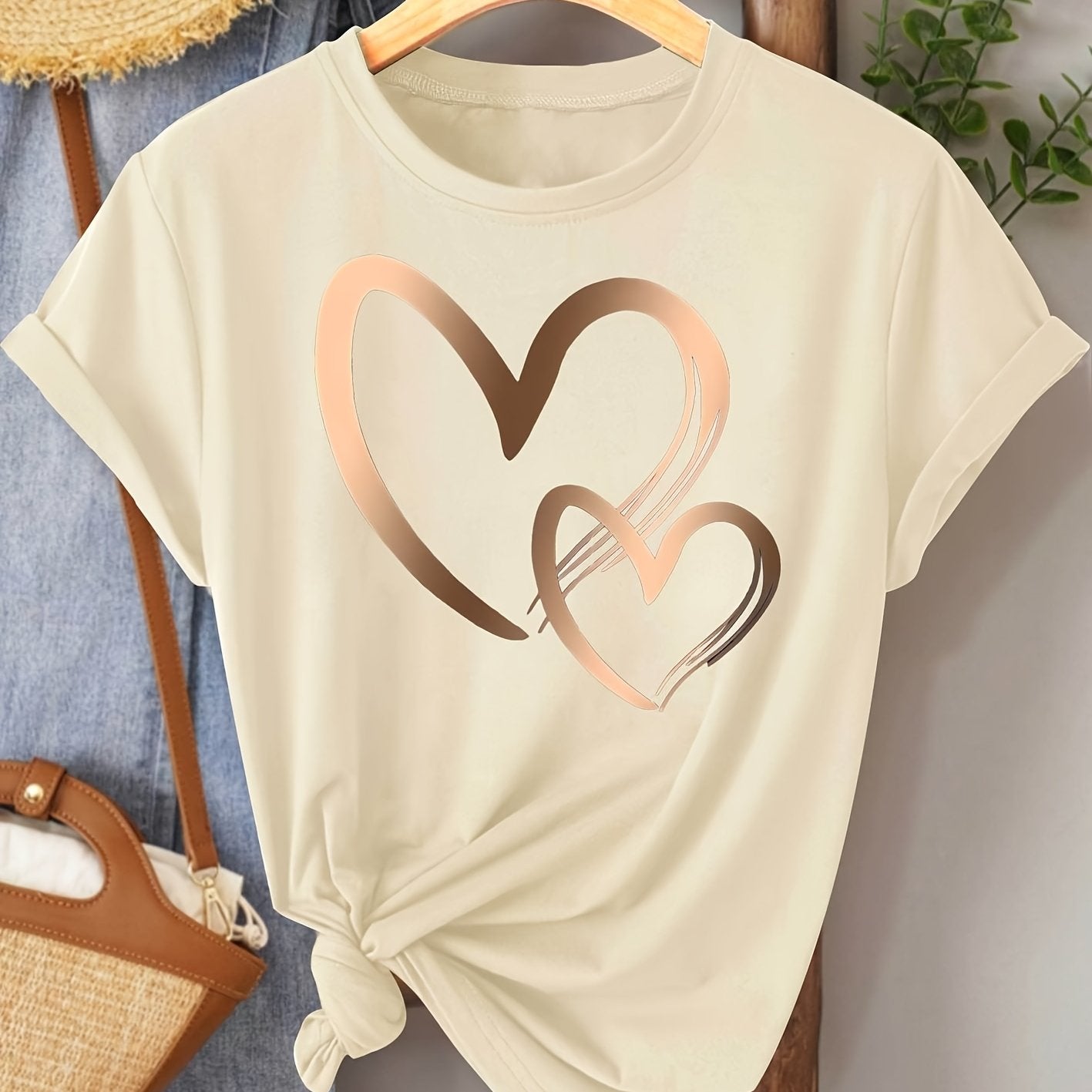 Chic Love Series Gradient Double Heart Graphic Tee for Women - Casual Retro Style, Round Neck Short Sleeve, Breathable Polyester, Machine Washable, in Black with Golden & White Hearts, Sizes S-XXL