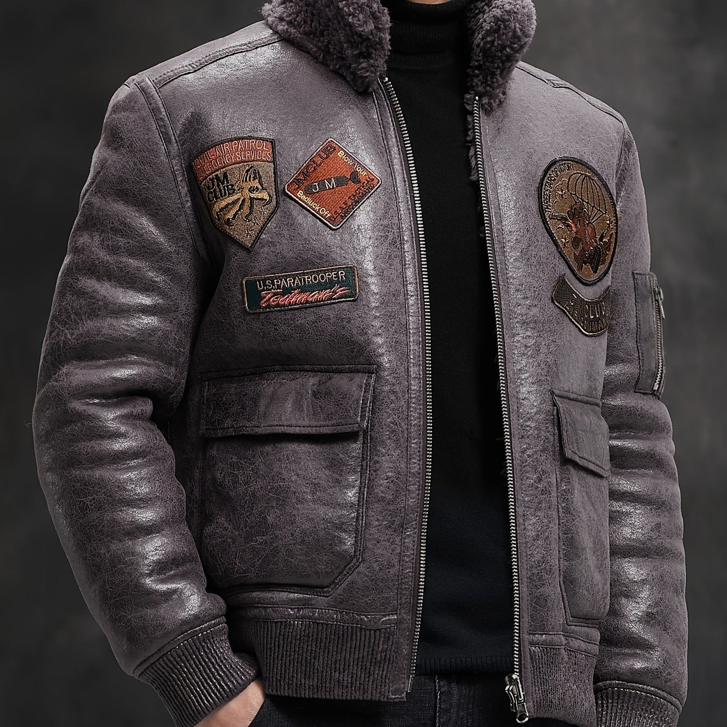 Men'S Faux Fur Lined Biker Jacket, Casual Long Sleeve Applique Air Force Style, Polyester 100% Knit Fabric, Solid Color Lapel Collar, Zipper Closure, Regular Fit for Daily & Golf Occasions - Fall/Winter Collection