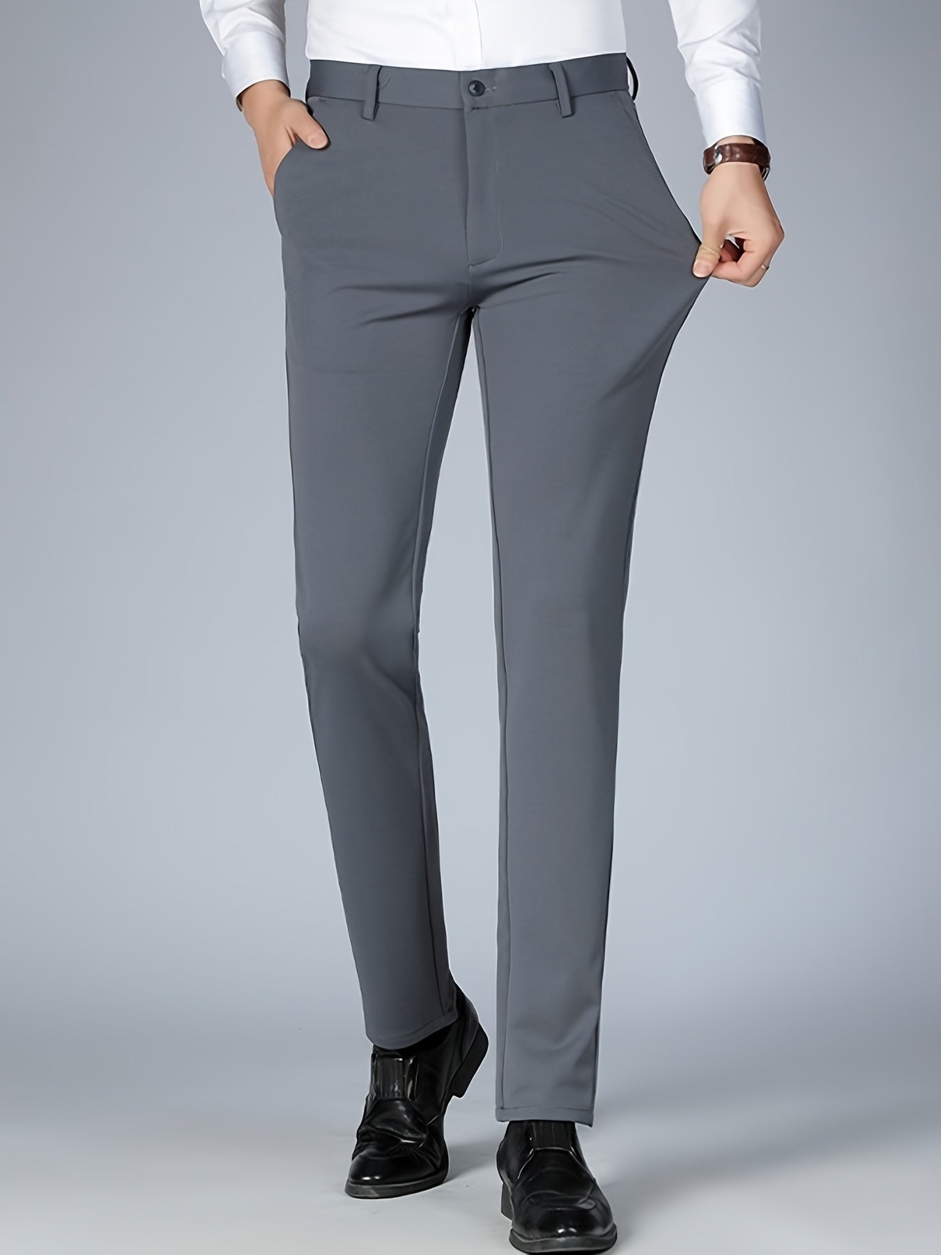 Men's Sleek Business Casual Dress Pants - Solid Black, Straight Leg, Wrinkle-Resistant Polyester Blend, All-Season Formal Trousers with Button Detail