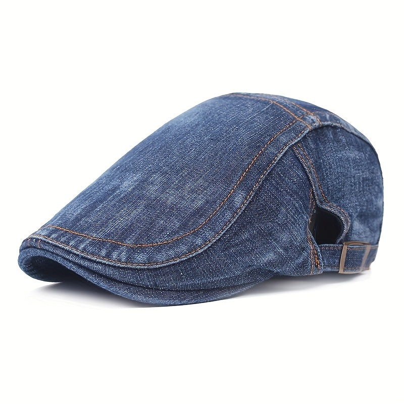 Vintage-Inspired Unisex Beret Cap, Polyester Washed Fabric, Sun Protection, Inelastic, Buckle Closure, Hand Wash/Dry Clean, Stripe Craftsmanship, Retro Style Sun Hat for Men and Women