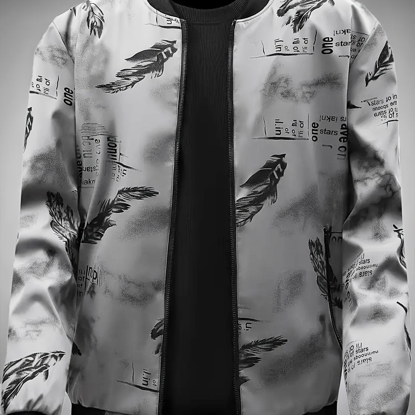 Men'S Lightweight Preppy Bomber Jacket with Feather & Star Print, Stand Collar, Zip-Up, Loose Fit, Polyester Lining, Casual Streetwear Style, Casual Outerwear | Star Pattern Jacket | Zippered Jacket