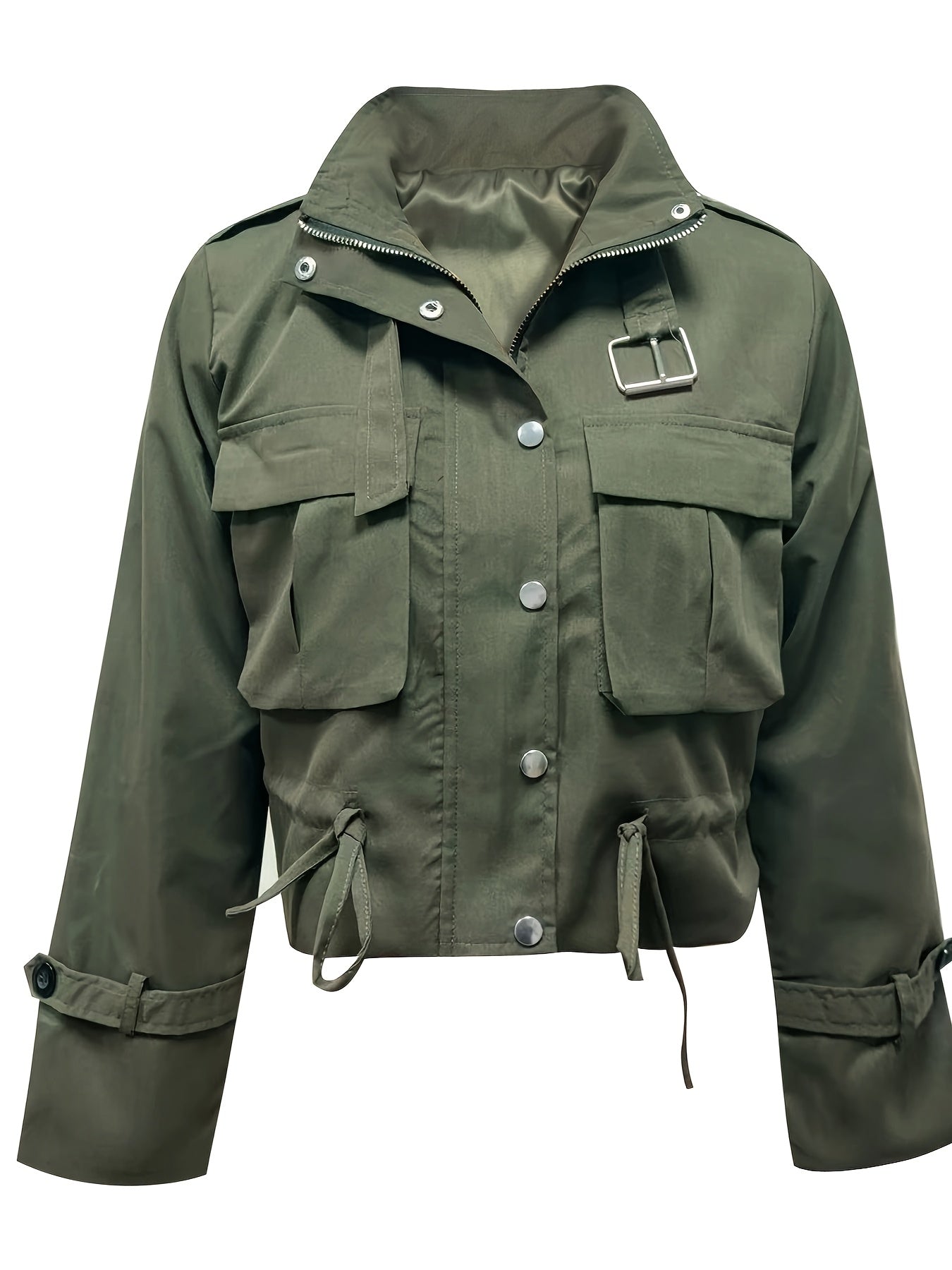 Spring and Autumn Women's Multi-Pocket Work Jacket, Stand Collar Design with Drawstring Waist - Versatile Fashion Coat for Various Occasions