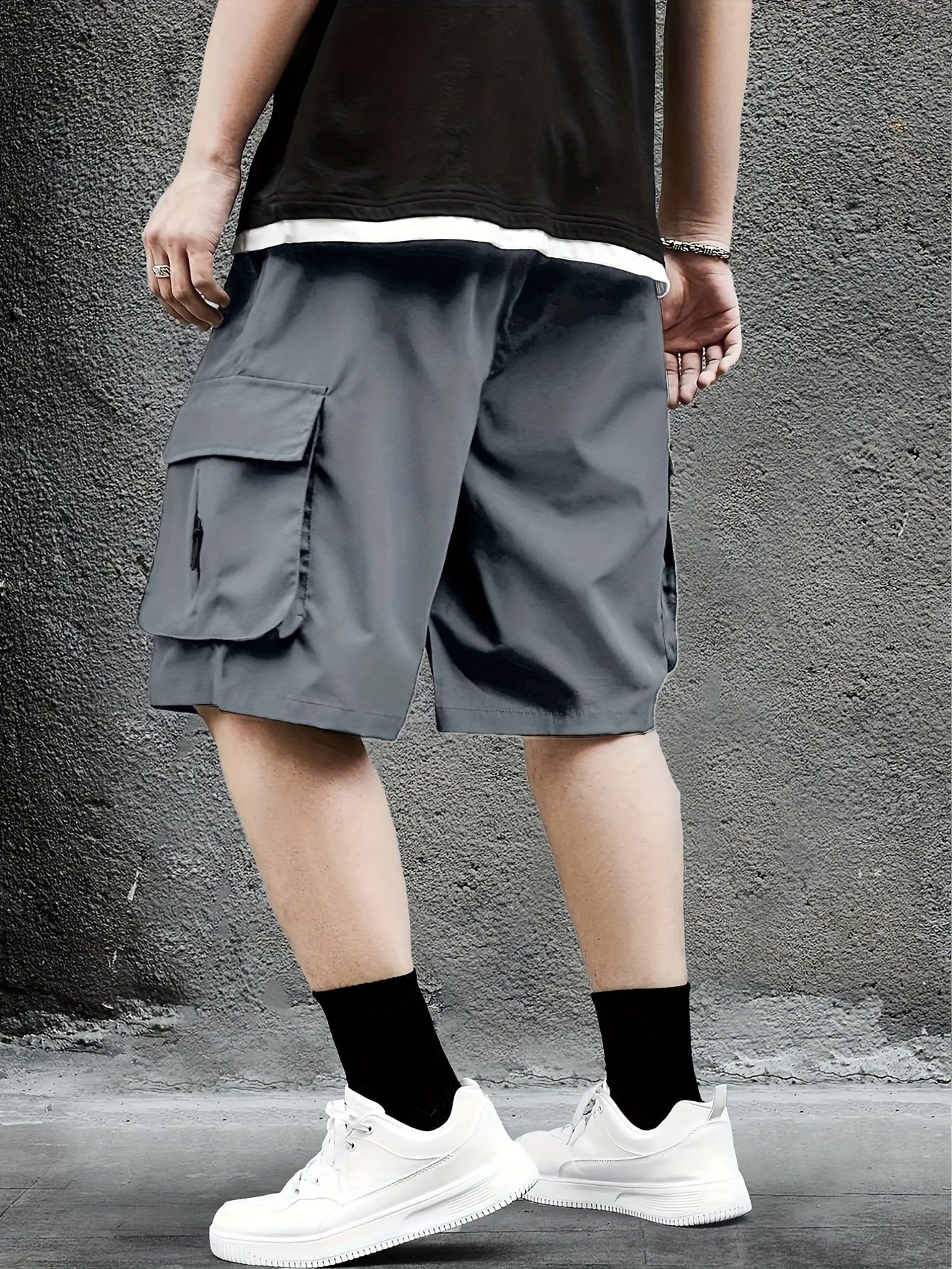 Men'S American Work Shorts, Casual, Solid Color, Loose Fit, Polyester, Woven, with Large Capacity Pocket and Personality Drawstring Design