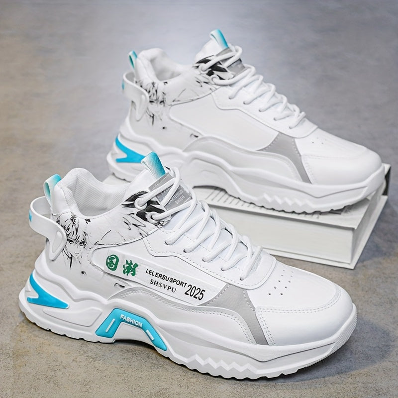 Men's Sneakers - Thick Platform Cushioned Sole, Lace-Up Closure, PU Upper Non-Slip PVC Outsole - All-Season Gym, Casual, Everyday Sneakers - Black/White Colorway - Affordable Men's Footwear, Casual Walking, Trendy Kicks, Co