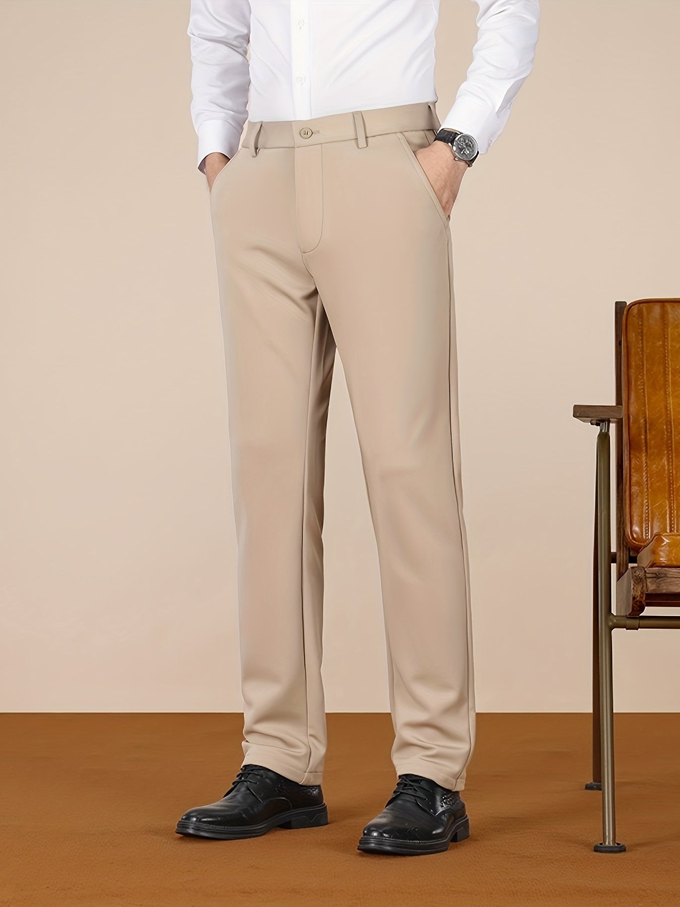 Men's Casual Pants, Autumn Polyester Blend, Regular Fit, Solid Color, Button Detail, Slim Fit, Standard Length, Men's Fashion, Trousers for Men