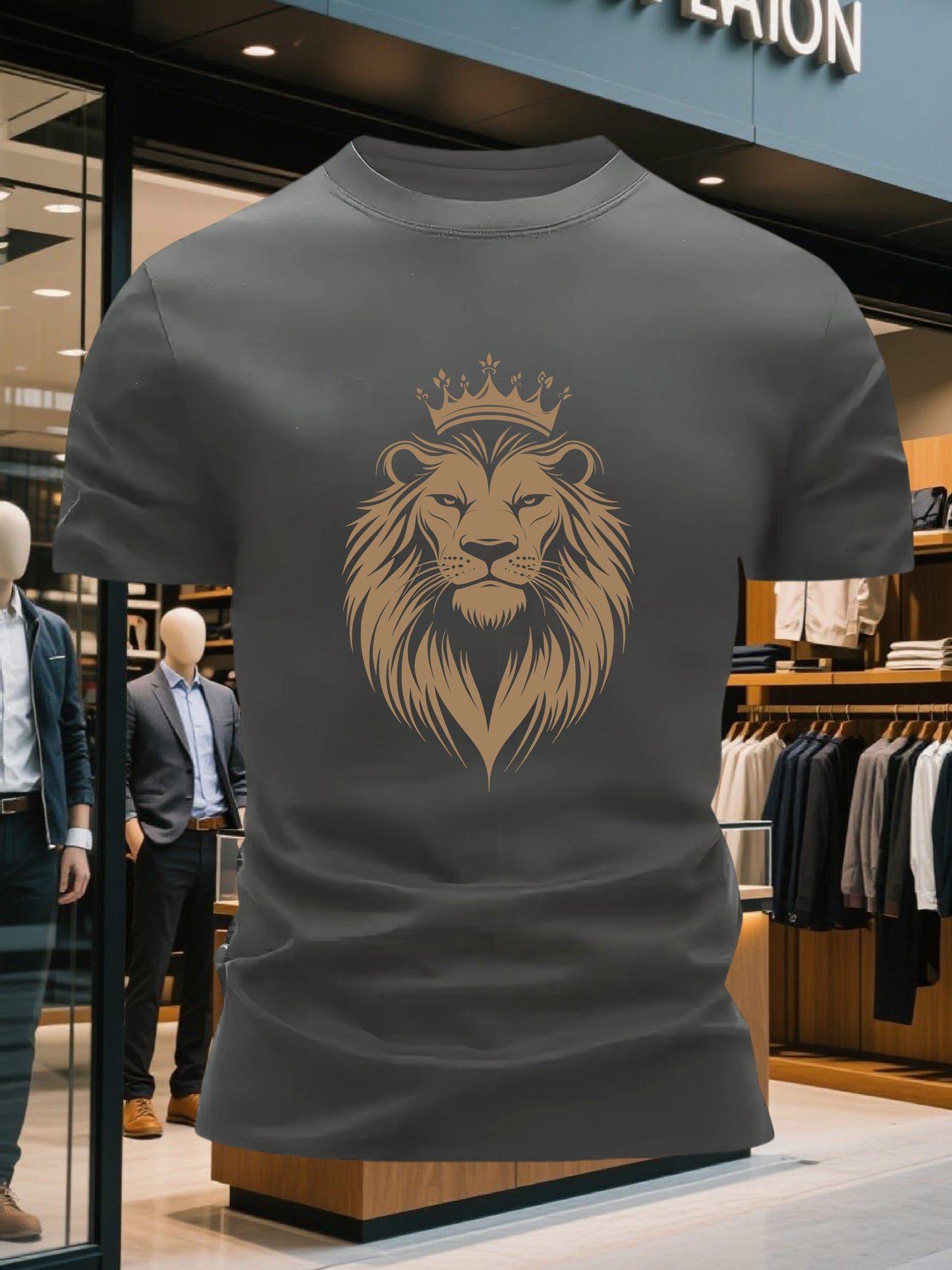 Men's 100% Cotton Crew Neck Short Sleeve T-Shirt with Regal Lion Crown Graphic Print - Navy Blue Casual Comfort Fit, Machine Washable All-Season Versatile Top, Cotton T Shirts, Leisure Clothing, Creative Print Shirt, Soft Tex