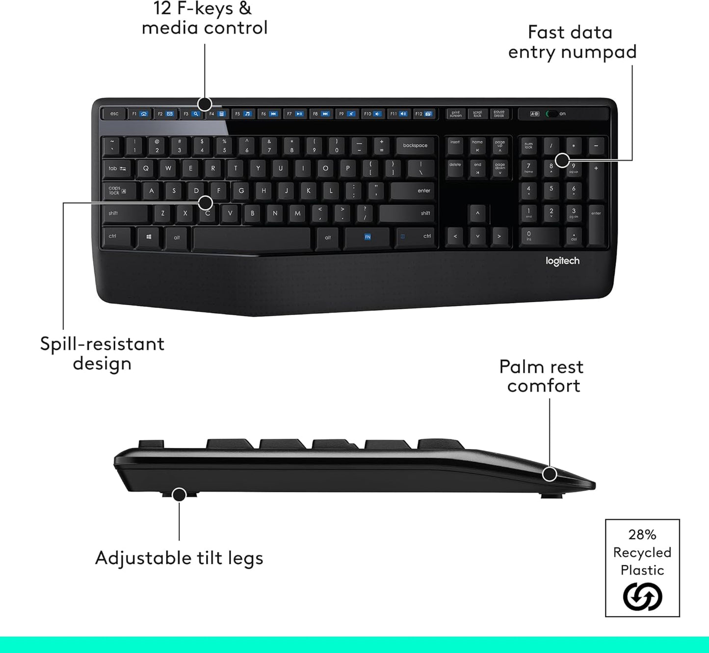 Logitech MK345 Wireless Combo Full-Sized Keyboard with Palm Rest and Comfortable Right-Handed Mouse, 2.4 Ghz Wireless USB Receiver, Compatible with PC, Laptop,Black