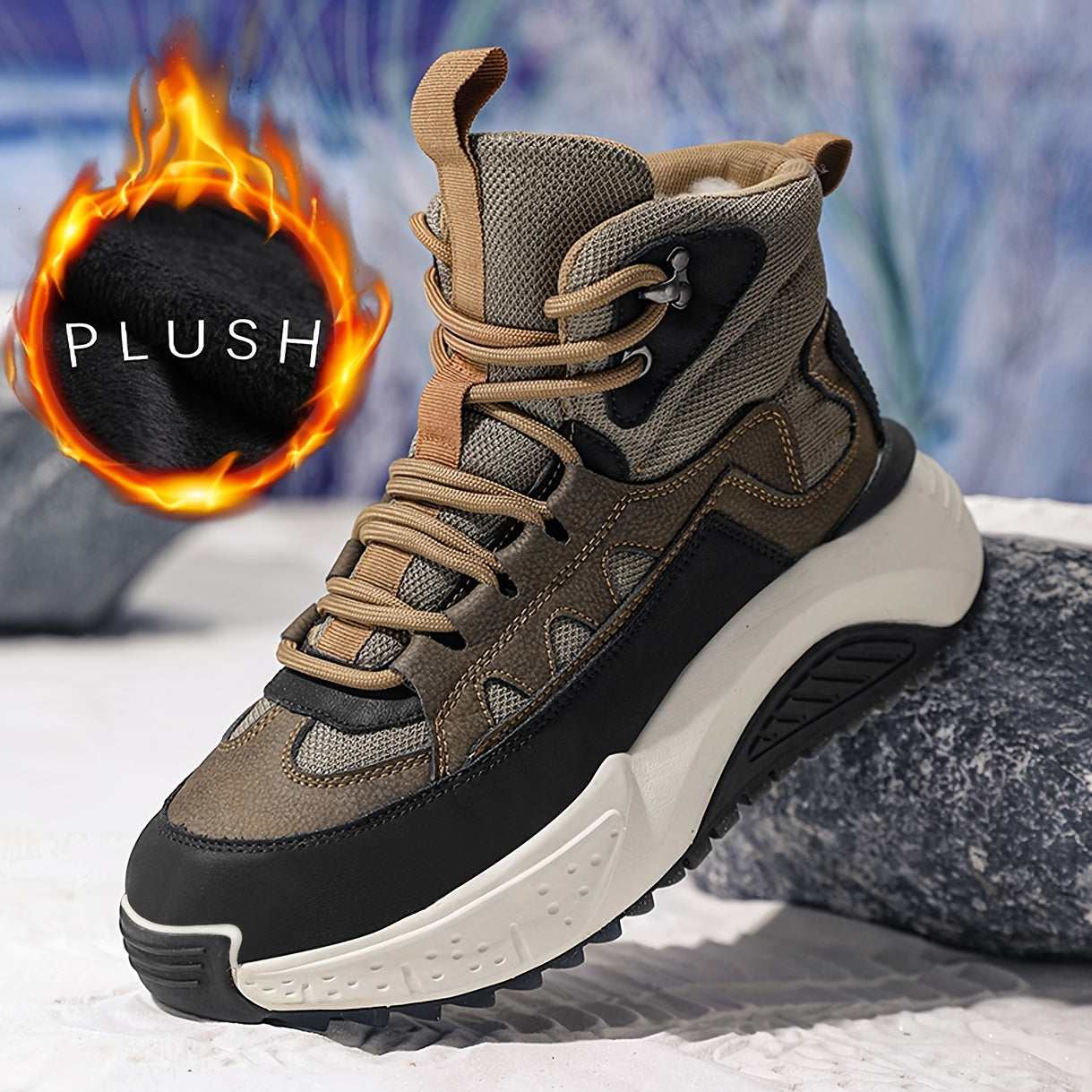 Men's Thermal Insulated Winter Boots with Lining - PU/Fabric Upper, Zipper & Lace Closure, Cushioned Insole & Arch Support, Brown/Black/White/Beige - Low-Top Round Toe for Snow, Ice, and Casual Attire - Ideal for Skiing, Hik