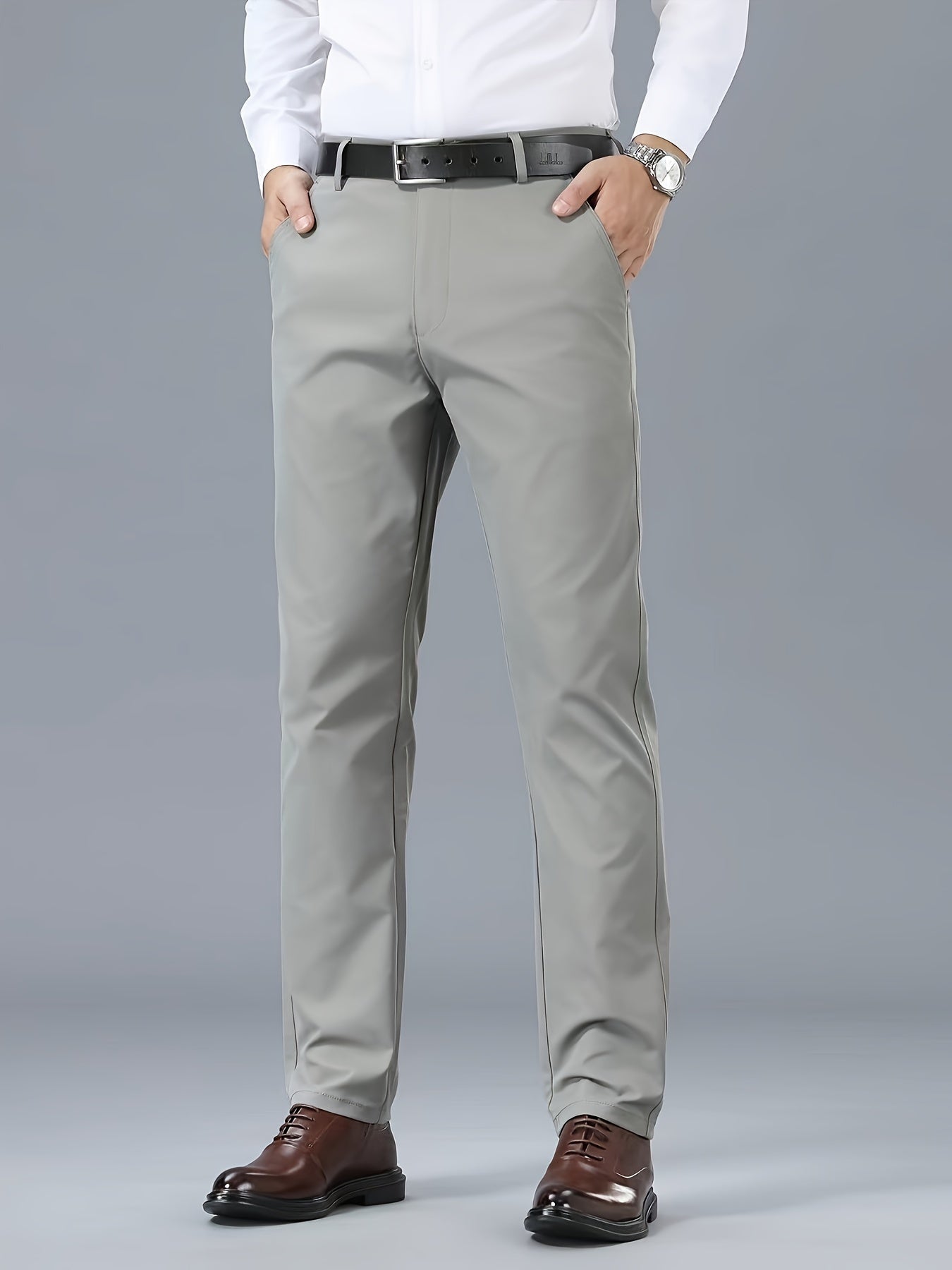 Men's Classic Business Casual Pants - Polyester, Solid Color, Regular Fit for All Seasons