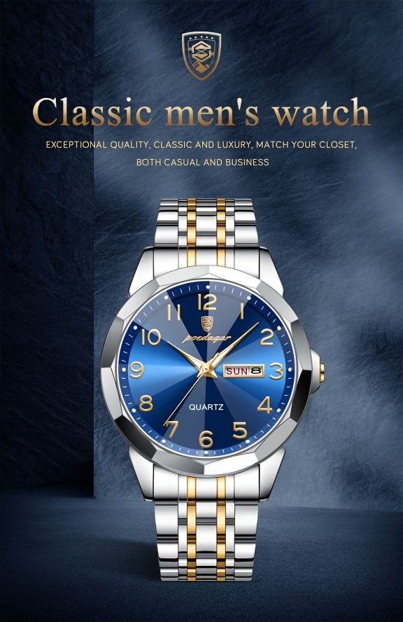 1pc BINBOND Men'S Fashion Watch, Luxury Dual Calendar Quartz Wristwatch, Business Style, Round Alloy Case, Stainless Steel Strap, Water-Resistant, Luminous Pointer Display, Battery Powered, Perfect for Valentine's, Christmas,