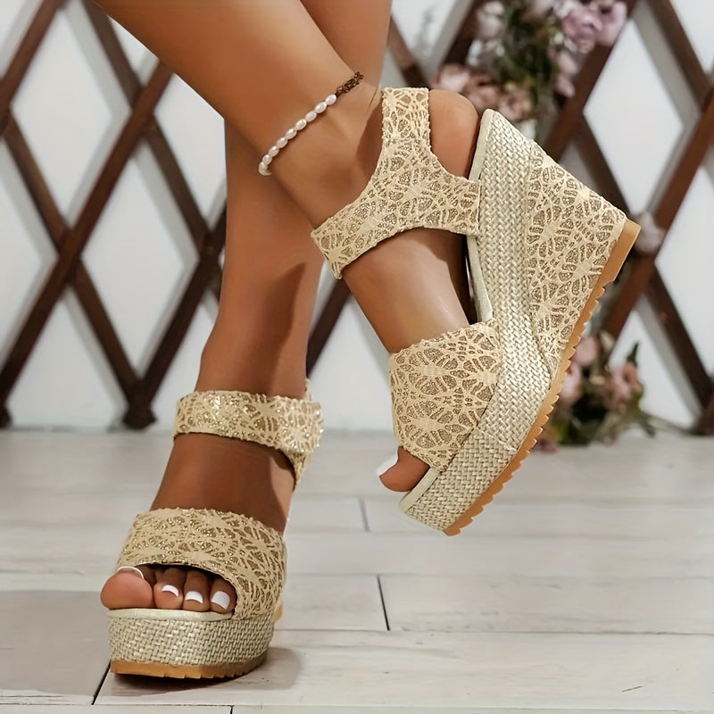 Women'S Elegant Lace Platform Sandals - Beige, Round Toe, High Heel, Hook Loop Closure, Synthetic Insole Upper, Rubber Sole, Perfect for Formal Events, Formal Footwear Laceup Sandals Platform Heel Sandals