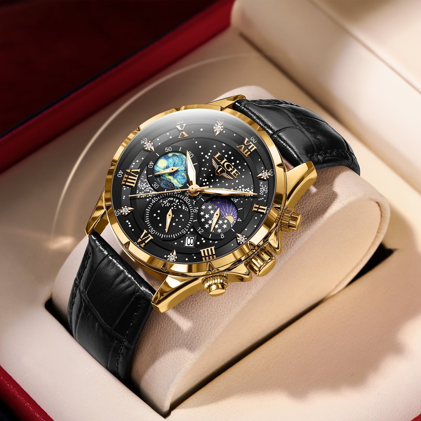 LIGE Luxury Quartz Chronograph Watch with Luminous Hands - Elegant Round Alloy Case, Blue Dial with Roman Numerals, Starry Night Design, Button Battery, Faux Leather Strap, Stylish Accessory|Starry Night Design|Luminous Hands