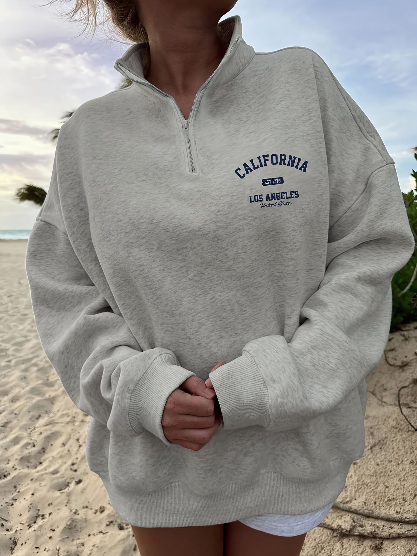 Women's "California Los Angeles" Letter Print Lightweight Zip-Up Sweatshirt - Casual High Neck, Long Sleeve, Polyester, Machine Washable - Perfect for All Seasons
