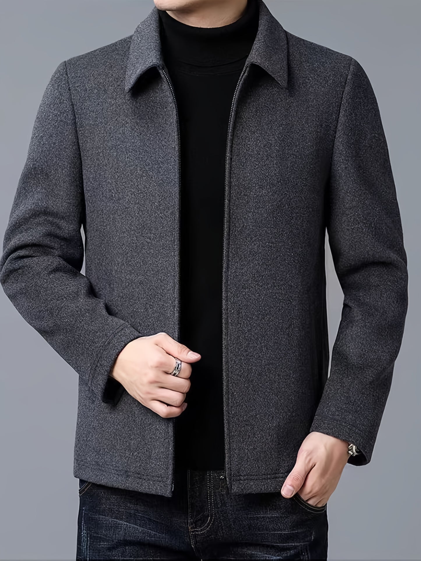Men's Autumn and Winter Fleece Jacket with Zipper and Turn-up Collar