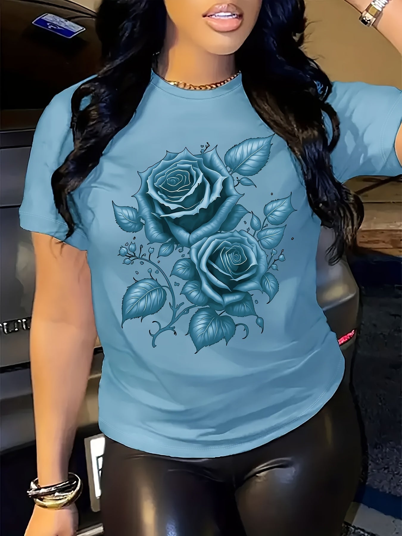 Women's Light Blue Yellow Rose Print T-Shirt - Short Sleeve Crew Neck Casual Top with Medium Stretch, Machine Washable & Breathable Fabric for All-Season Comfort, Relaxed Style, Graphic Tee, Stretchy Material, Printed Shirt,