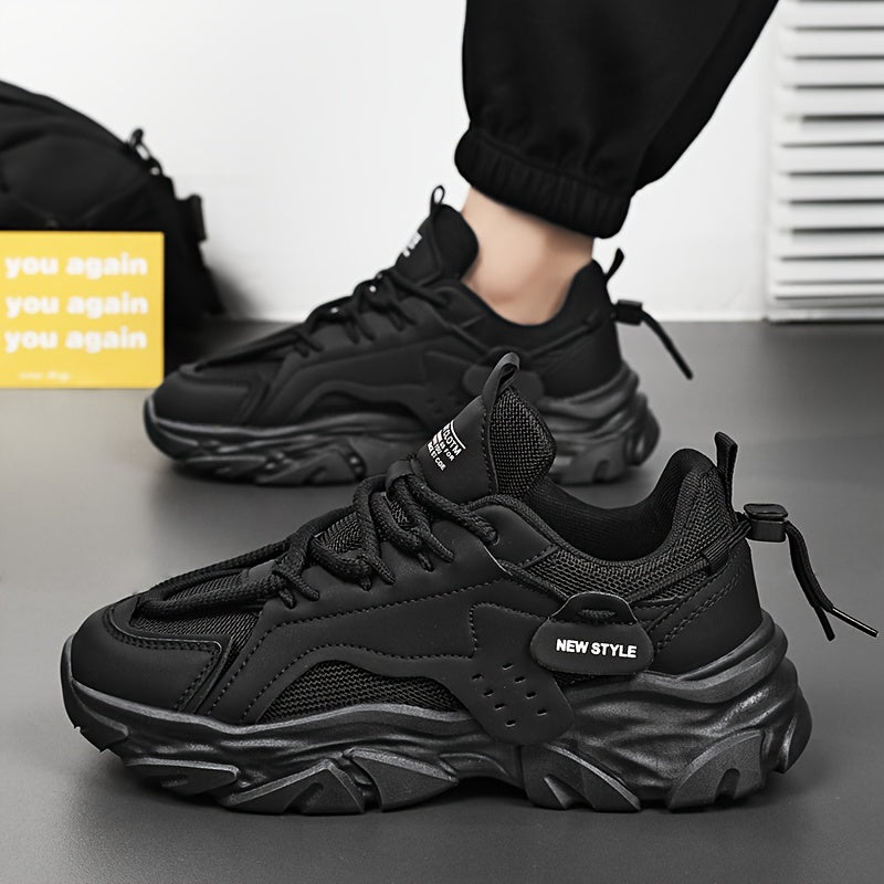 Men's Fashion Chunky Sneakers - Sports & Casual Streetwear Shoes, Solid Color, Non-Slip Lace-Up, Thick Sole, Low Top Fabric Sneakers for All Seasons, Running & Hiking, Universal Fit - Round Toe