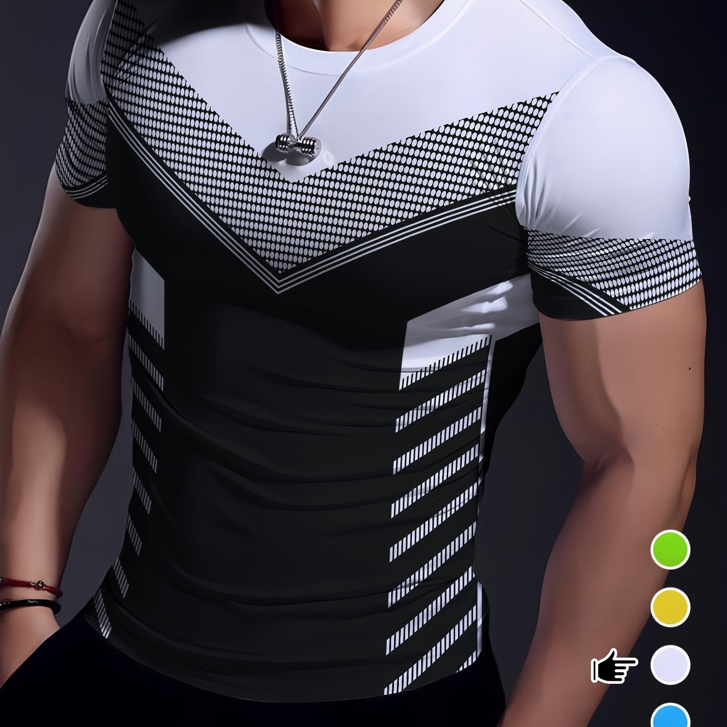 Men'S Geometric-Pattern Sports T-Shirt, Polyester Blend, Crew Neck, High Stretch, Short Sleeve, Quick-Dry, Tear-Resistant, Knit Fabric, Skinny Fit, with 3D Heat Sublimation for Running, Yoga, Training, Hiking, Casual & Athlet