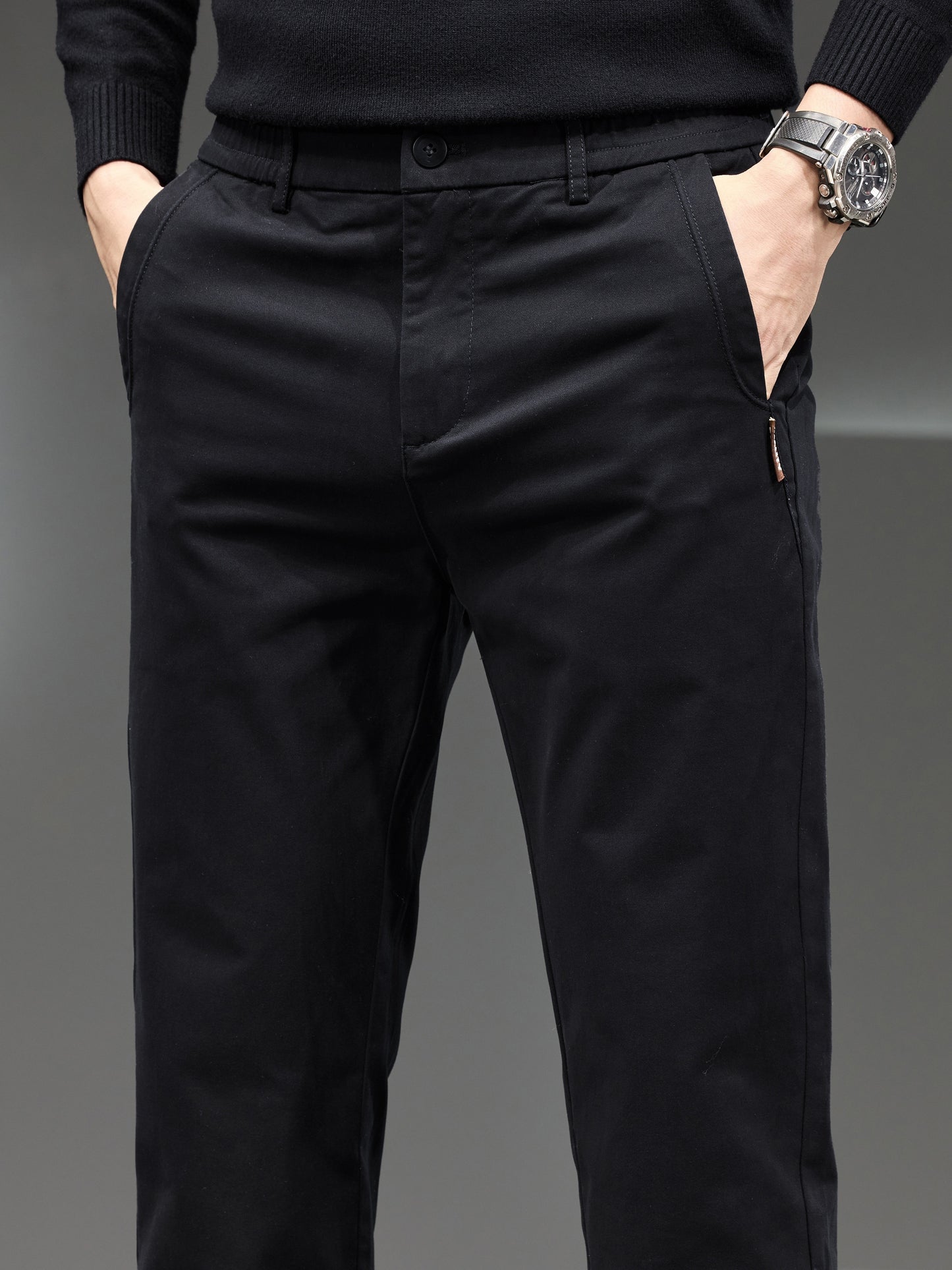 Men's Classic Business Trousers - Lightweight Polyester Straight-Leg Pants For Spring/Fall - Button Details - Non-Elastic Fabric - Solid Color - Regular Fit