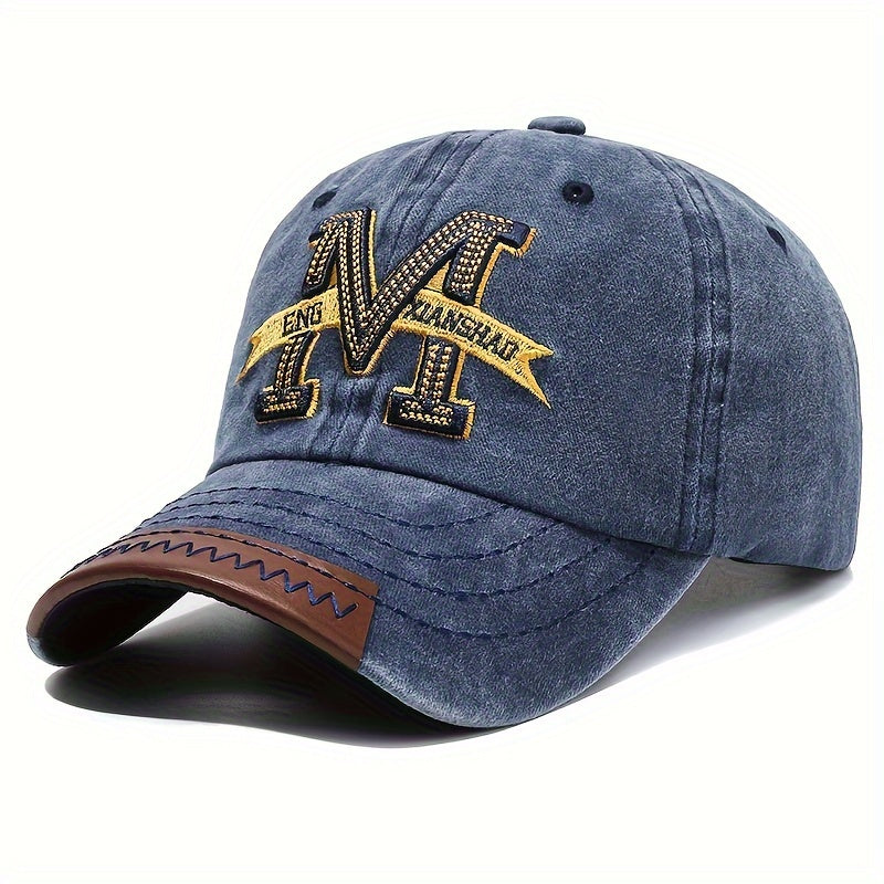 Spring And Autumn Retro Washed Denim Duckbill Cap, Fashionable Outdoor Sun Baseball Hat, With Old Letter M Embroidery, For Men Women