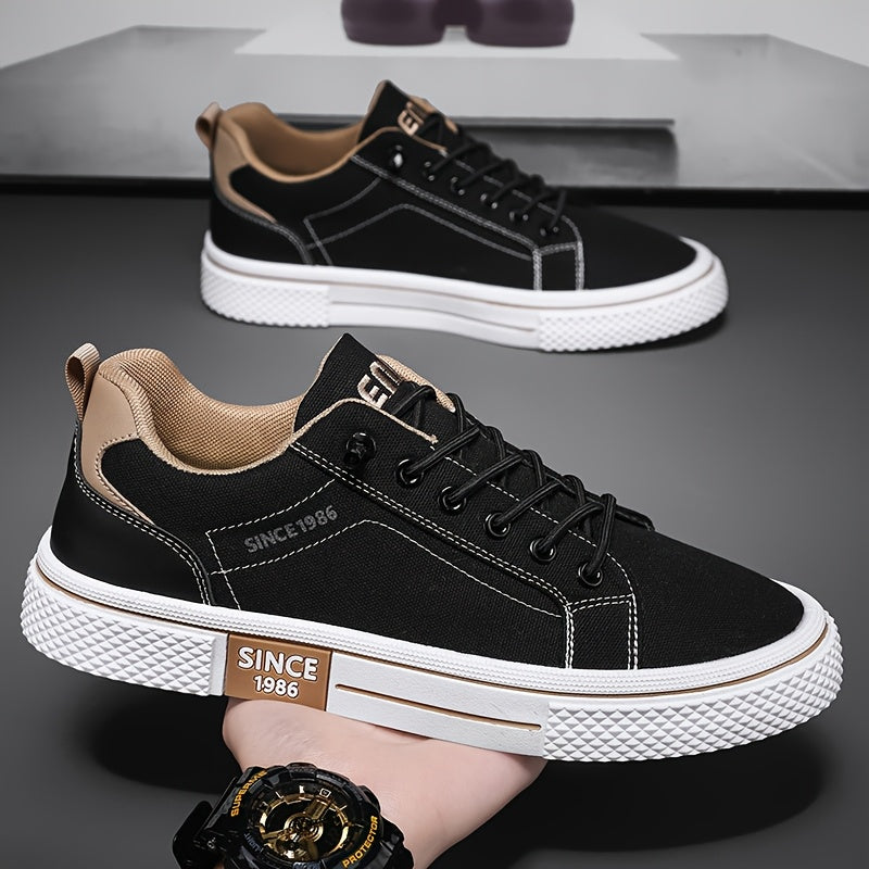 Men's Casual Low-Top Sneakers - Breathable Fabric Durable PVC Sole, Black Beige Contrast Design, Lace-Up Round Toe for All-Season Comfort, Versatile for Casual Semi-Formal Wear, Comfortable Footwear, Fabric Upper