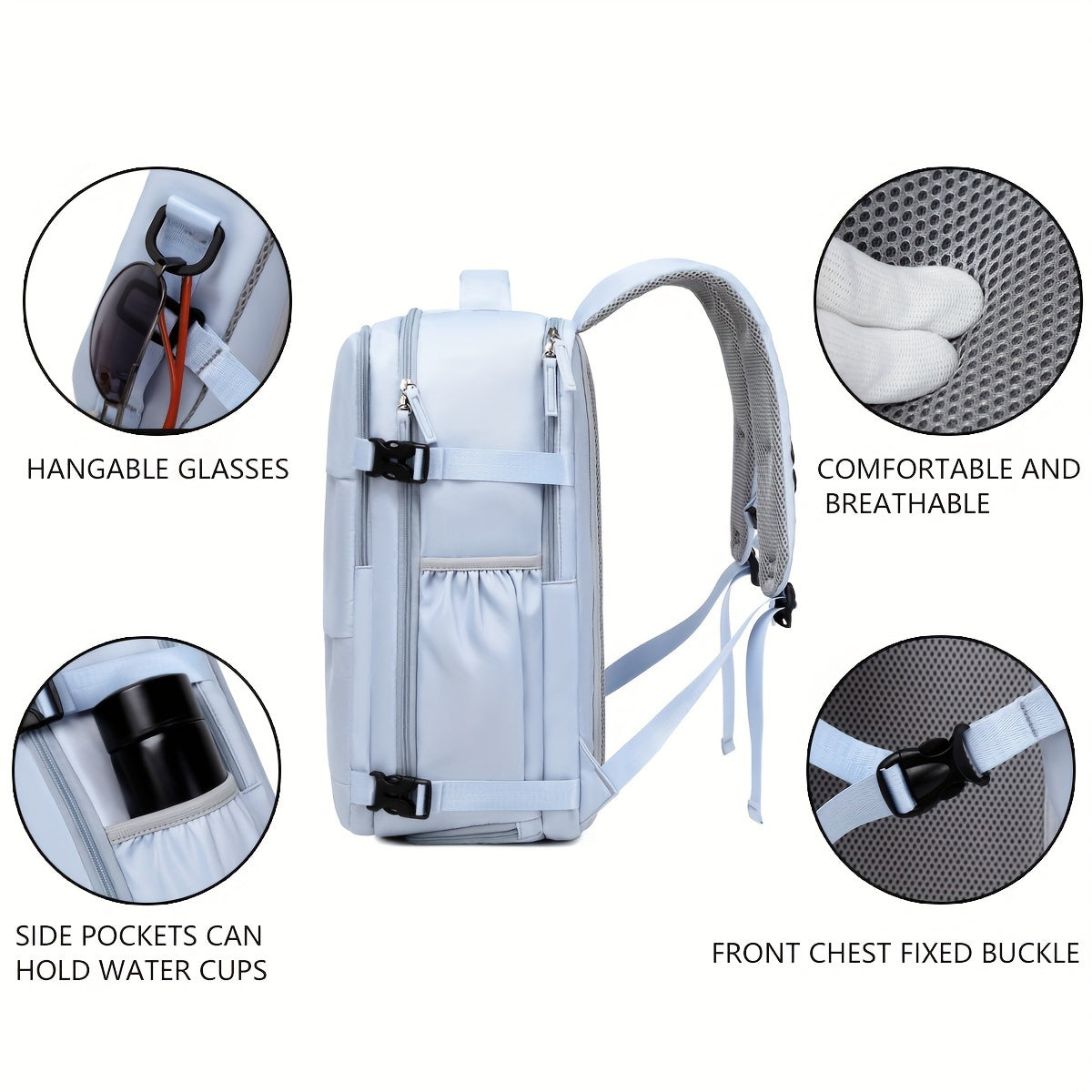 Airline-Approved 38.1cm Laptop Travel Backpack for Women, Light Blue Polyester with Adjustable Straps, Shoe Compartment & USB Charging Port - Ideal for School & Work Trips, Laptop Bag