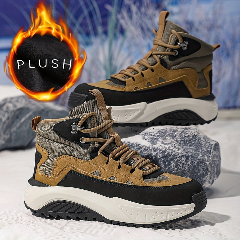 Men's Thermal Insulated Winter Boots with Lining - PU/Fabric Upper, Zipper & Lace Closure, Cushioned Insole & Arch Support, Brown/Black/White/Beige - Low-Top Round Toe for Snow, Ice, and Casual Attire - Ideal for Skiing, Hik