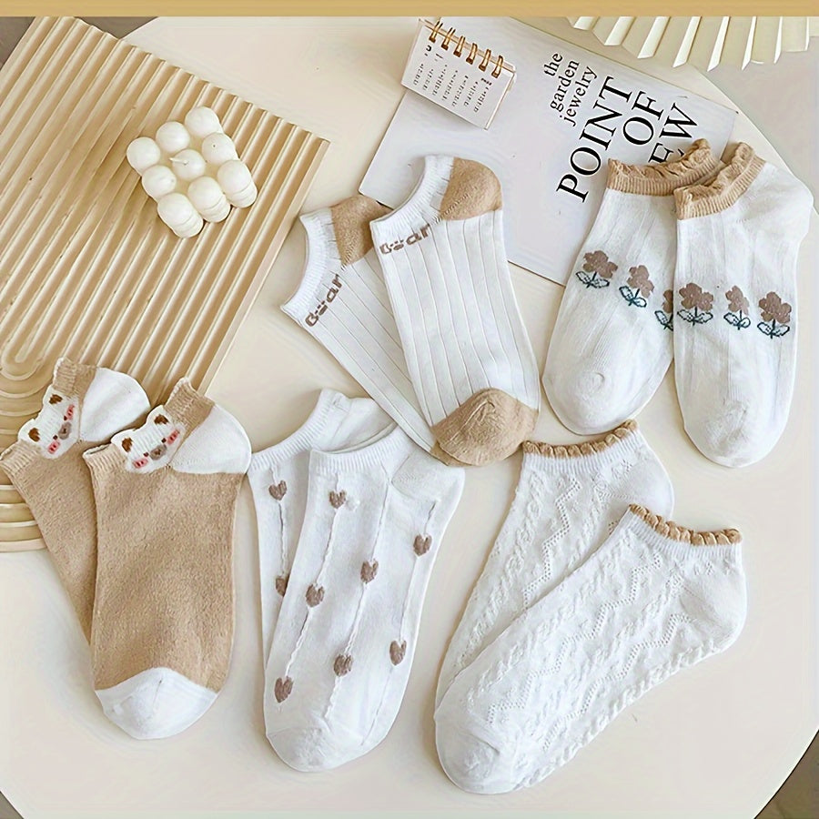 Women's Cute Cartoon Cotton Ankle Socks - 5 Pairs Set, 80% Cotton 20% Elastane, Solid Color & Patterned Designs, Breathable Knit Fabric, Sweat-Absorbent for Spring & Summer