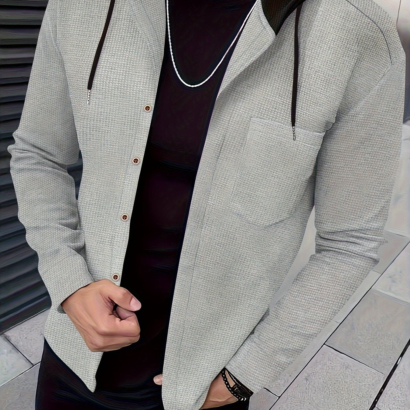 Men's Casual Hooded Jacket - Soft, Breathable Polyester with Button-Up Design & Pockets | Perfect for Spring, Fall & Outdoor Activities, Long Sleeve, Fashion, Daily, Leisure Style, Conventional Version