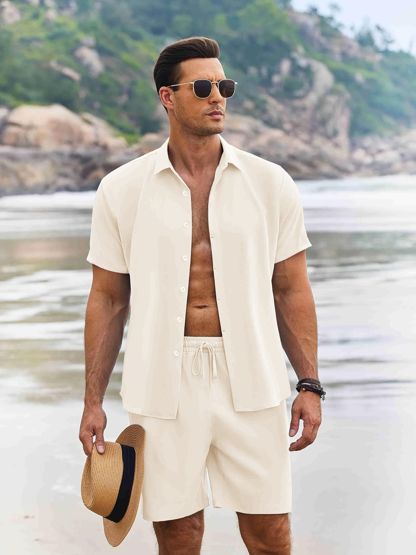 Men'S 2pcs Summer Beach Set, Cotton Linen Blend, Casual Short Sleeve Button- Shirt and Shorts, Solid Color, Lapel Collar, Non-Stretch Fabric, Regular Fit, Woven, 160g/m² - Loungewear Outfit