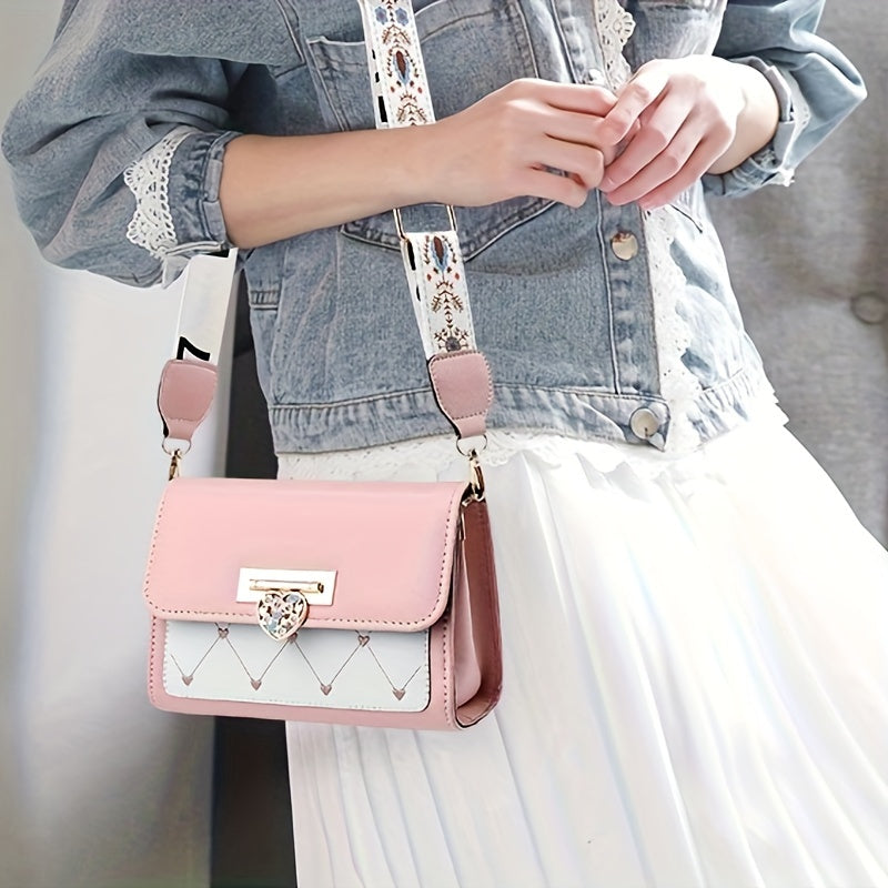 Chic Versatile Women’s Shoulder Bag with Cute Heart Pattern - Adjustable Strap, Magnetic Closure, in Pink, Green, Blue, Black, Casual Crossbody Bag | Playful Heart Design | Decorative Zipper Charm