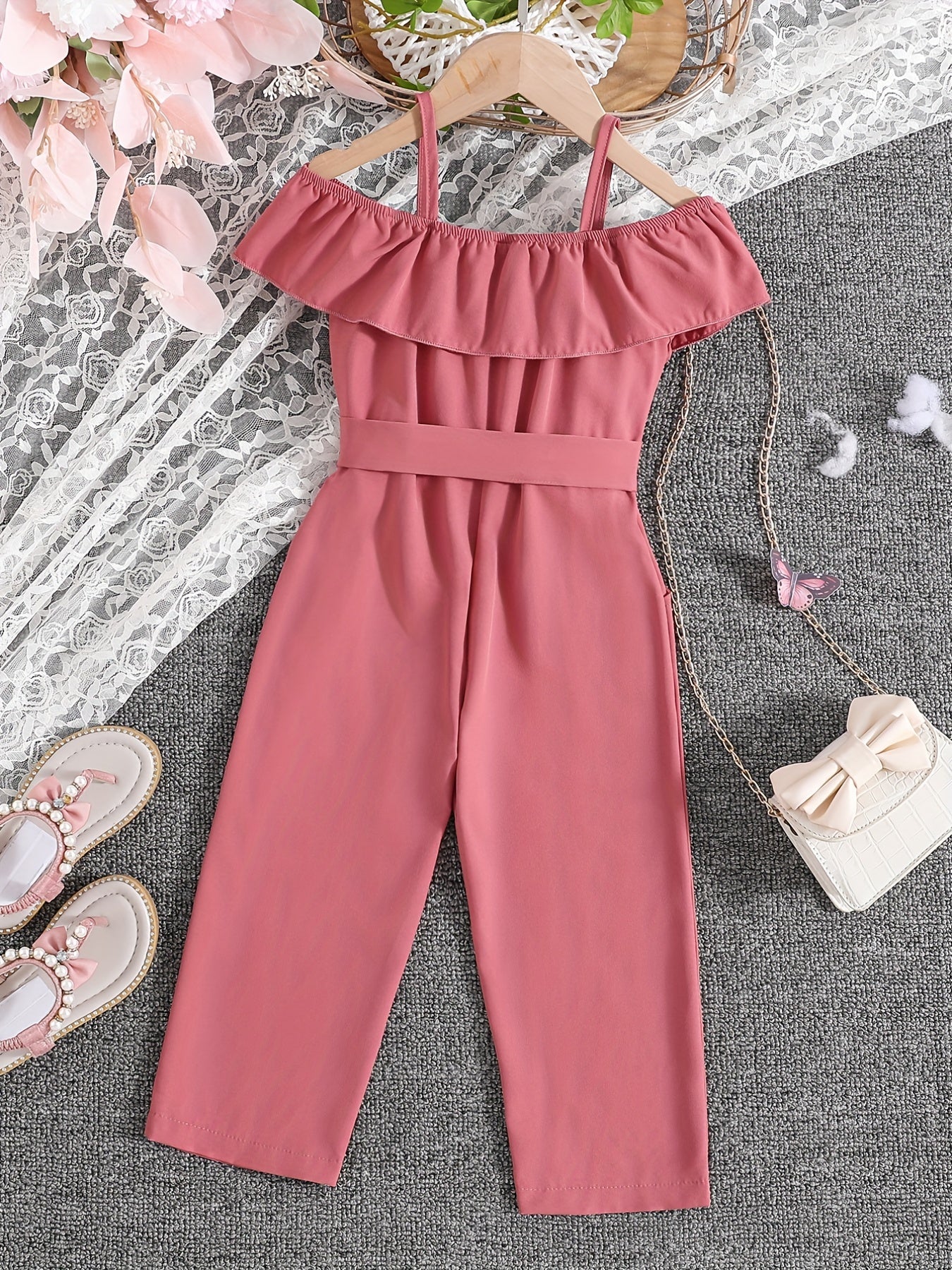 Girls Ruffle Cami Romper Belt Off Shoulder Նրբագեղ ամառային գարուն աշուն մանկական հագուստ