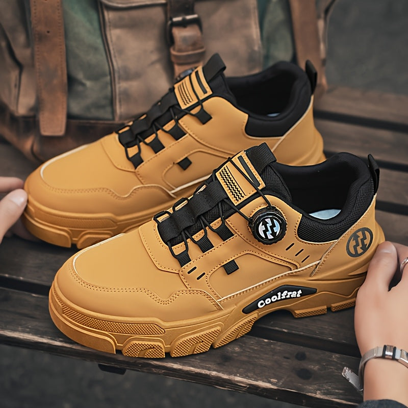 Men's Solid Color Skate Sneakers - Adjustable Rotating Buckle Straps, Slip-Resistant PVC Sole Durable PU Upper, Low-Top Lace-Up Design for Hiking, Walking, Daily Wear - All-Season Casual Streetwear Shoes, Skate Shoes