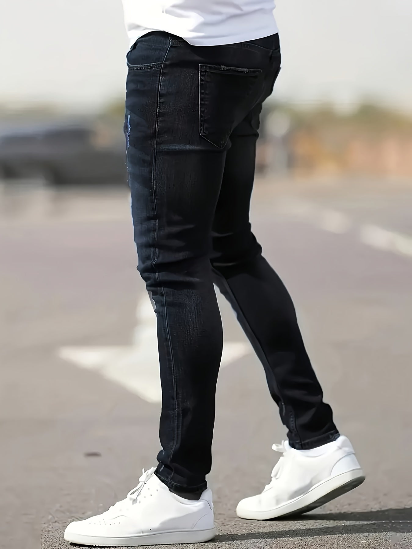 Men's Slim Fit Stretch Denim Jeans - Casual, Breathable & Machine Washable with Ripped Detail