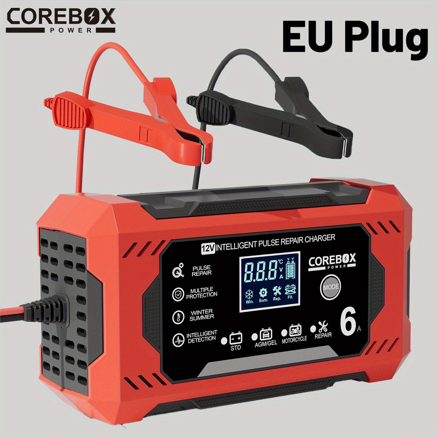 COREBOX EU Plug 12V 6A Smart Battery Trickle Charger 12V Battery Maintainer Battery Charger with LCD Display for Car Truck Motorcycle Lawn Mower Marine Lead Acid Charge, Without Battery